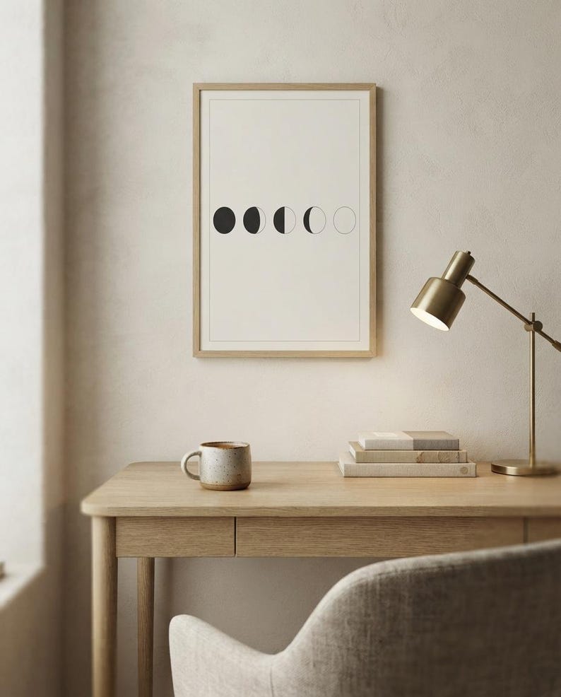 Moon Phases Print, Japandi Lunar Wall Art, Minimalist Celestial Decor, Above Bed Neutral | Calm & Oak image 4