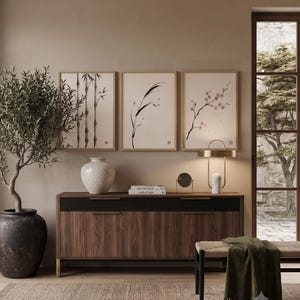 Japanese Sumi-e botanical print set featuring Bamboo, Cherry Blossom, and Bent Reed arranged as a minimalist Zen triptych.
