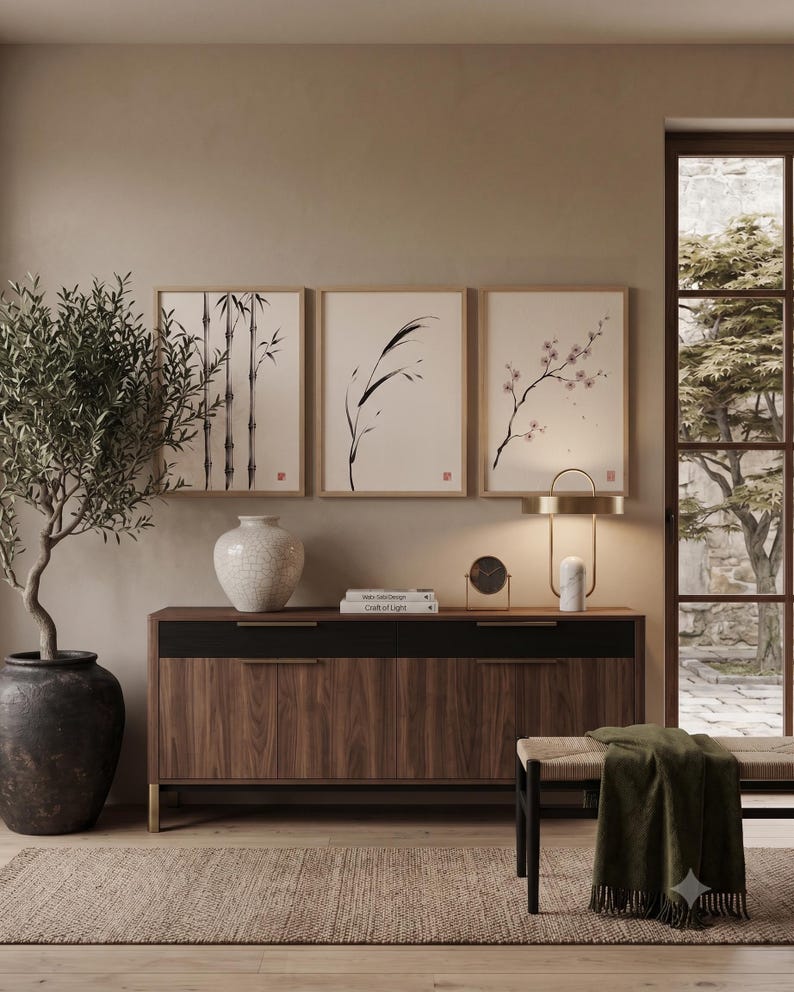 Japanese Sumi-e botanical print set featuring Bamboo, Cherry Blossom, and Bent Reed arranged as a minimalist Zen triptych.