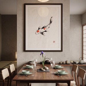 Koi ink koi fish with vermillion accent print styled in a calm Japandi room — warm off-white. Calm & Oak.