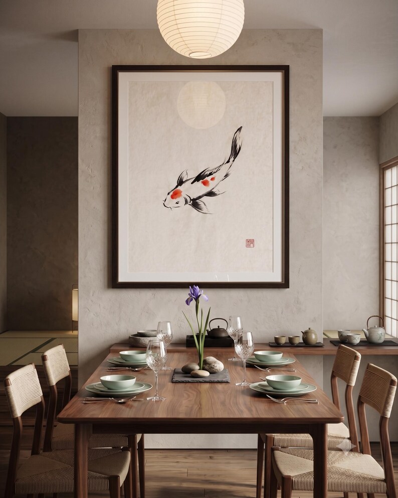 Koi ink koi fish with vermillion accent print styled in a calm Japandi room — warm off-white. Calm & Oak.