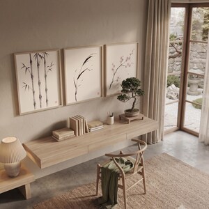 Japanese Sumi-e botanical print set featuring Bamboo, Cherry Blossom, and Bent Reed arranged as a minimalist Zen triptych.