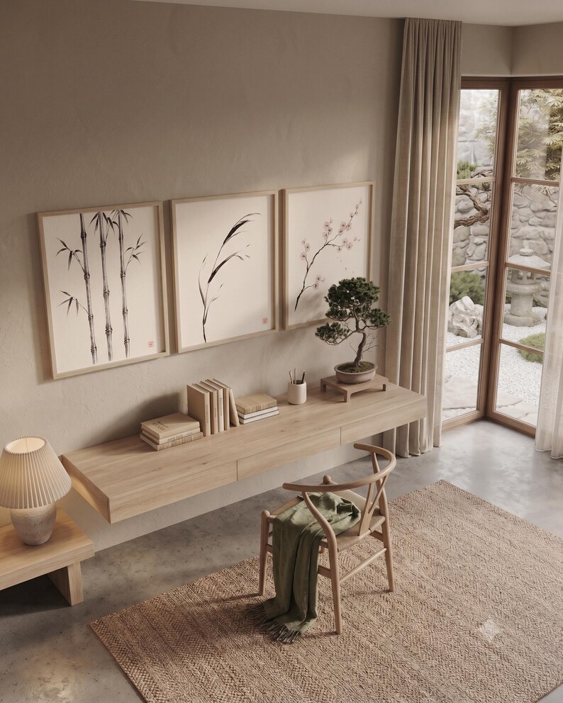 Japanese Sumi-e botanical print set featuring Bamboo, Cherry Blossom, and Bent Reed arranged as a minimalist Zen triptych.