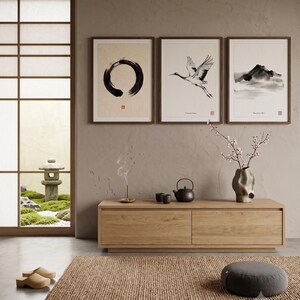 Japanese Sumi-e print set featuring Enso, Crane, and Mountain ink paintings arranged as a minimalist Zen triptych.