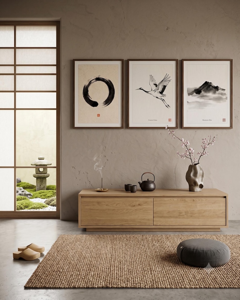 Japanese Sumi-e print set featuring Enso, Crane, and Mountain ink paintings arranged as a minimalist Zen triptych.