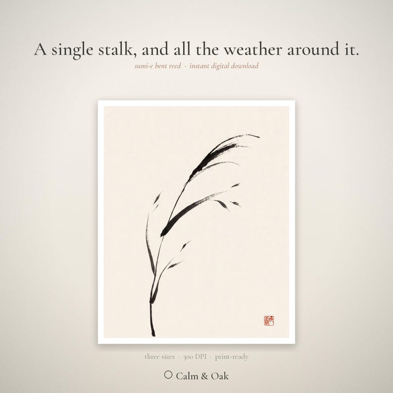 May include: A digital print featuring a black ink sumi-e style drawing of a single bent reed stalk on a cream background. The text reads: A single stalk, and all the weather around it. sumi-e bent reed - instant digital download. three sizes 300 DPI print-ready. Calm & Oak.