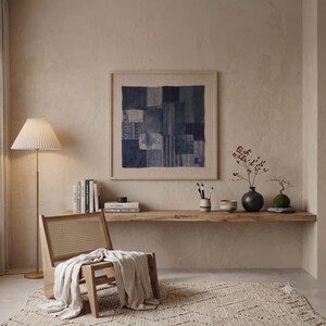 Japanese Boro Indigo wall art featuring layered textile-inspired patterns in deep blue tones with a wabi-sabi aesthetic.