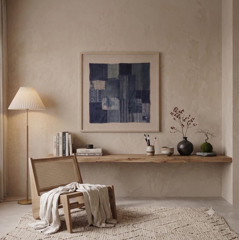 Japanese Boro Indigo wall art featuring layered textile-inspired patterns in deep blue tones with a wabi-sabi aesthetic.