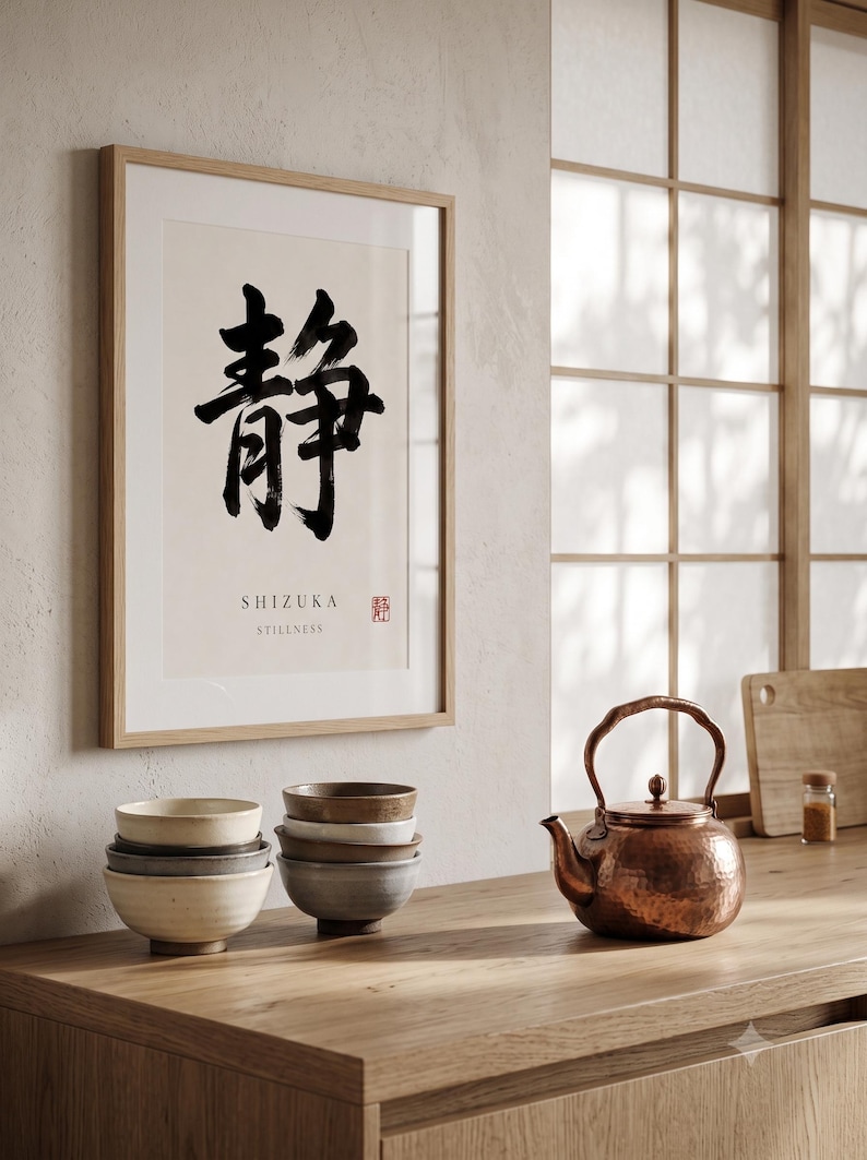 Shizuka stillness kanji calligraphy print styled in a calm Japandi room — warm off-white. Calm & Oak.