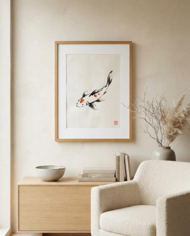 A framed wall art print featuring a sumi-e style ink wash painting of a single koi fish. The fish is white with black markings and orange spots, swimming diagonally. A small red square seal is visible in the bottom right corner.