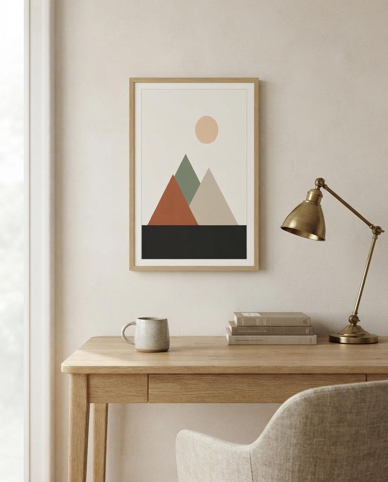 Japandi Mountain Print, Minimalist Layered Peaks Wall Art, Neutral Landscape Decor, Above Bed | Calm & Oak image 4