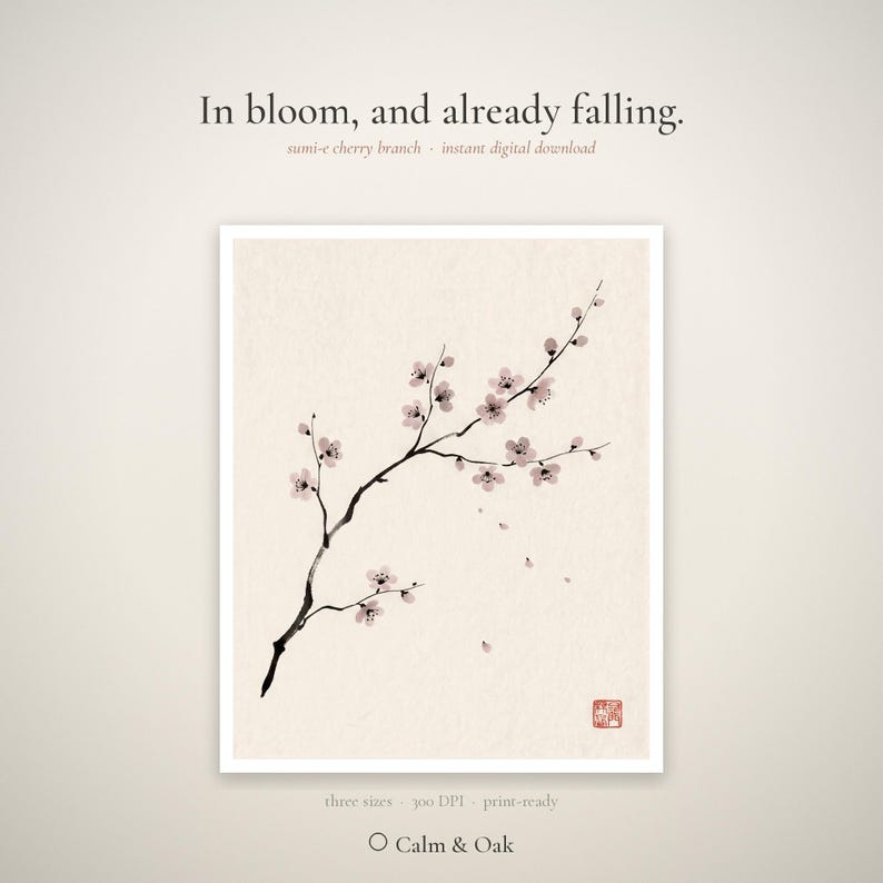 Cherry Branch sakura branch in ink print styled in a calm Japandi room — soft pink and cream. Calm & Oak.