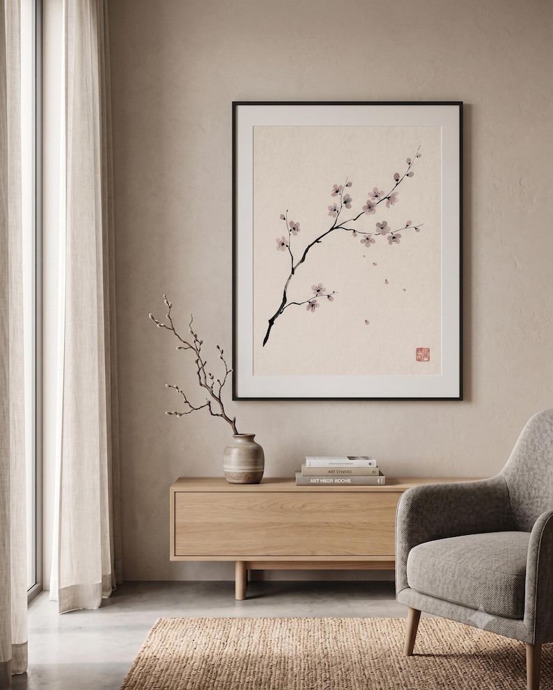 Cherry Branch sakura branch in ink print styled in a calm Japandi room — soft pink and cream. Calm & Oak.