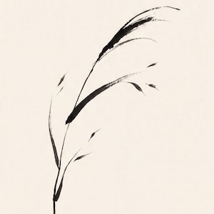 May include: A black ink wash painting on a light cream background depicting a single stalk of grass with slender, sweeping leaves. The brushstrokes are fluid and expressive, capturing the organic curve of the plant. A small red seal is visible.