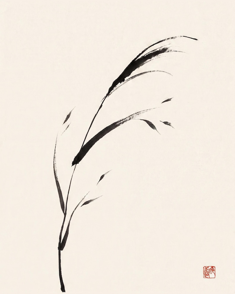 May include: A black ink wash painting on a light cream background depicting a single stalk of grass with slender, sweeping leaves. The brushstrokes are fluid and expressive, capturing the organic curve of the plant. A small red seal is visible.