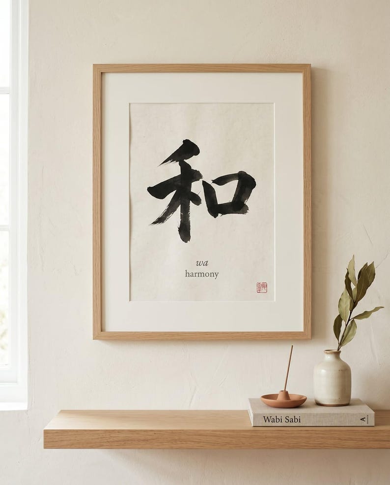 Wa harmony kanji calligraphy print styled in a calm Japandi room — warm off-white. Calm & Oak.