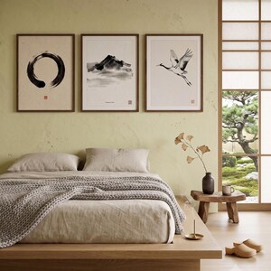 Japanese Sumi-e print set featuring Enso, Crane, and Mountain ink paintings arranged as a minimalist Zen triptych.