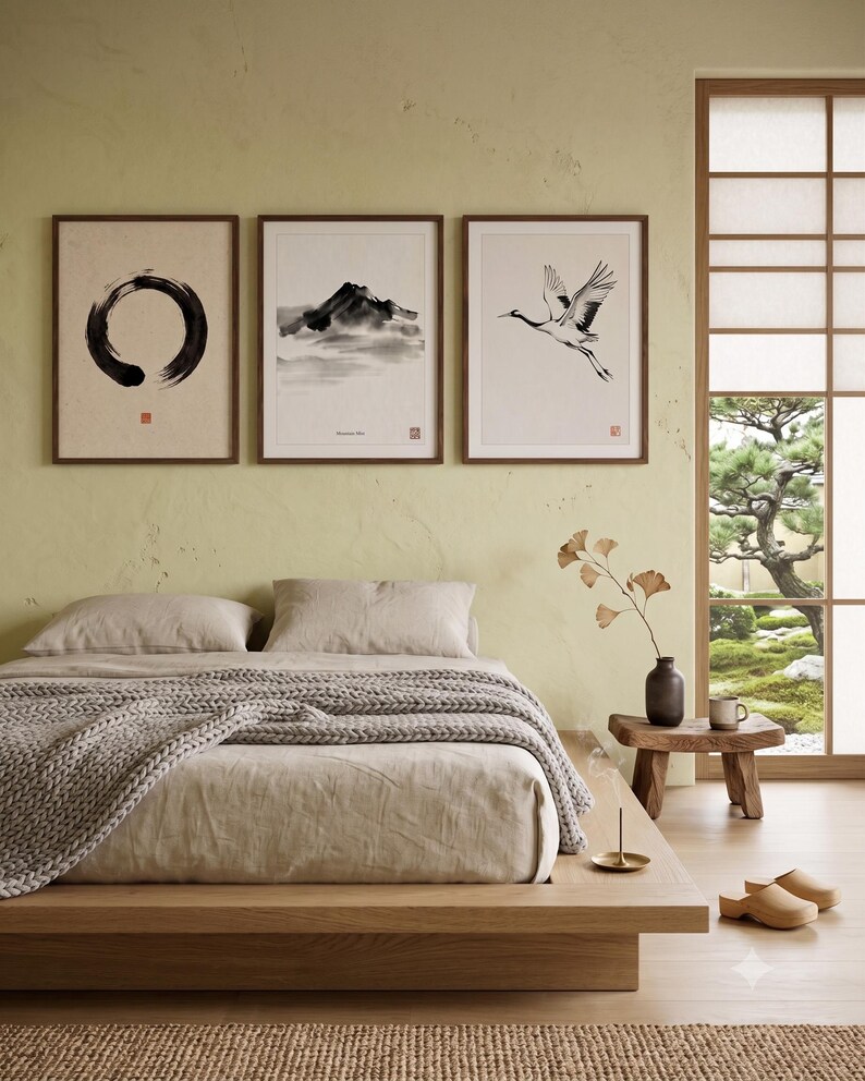 Japanese Sumi-e print set featuring Enso, Crane, and Mountain ink paintings arranged as a minimalist Zen triptych.