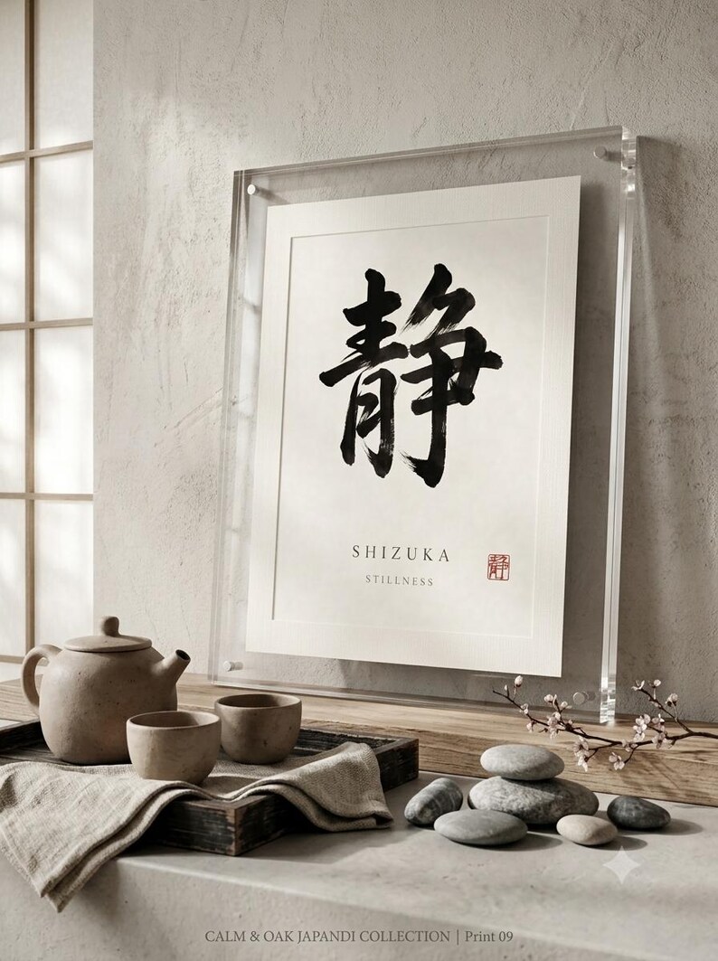 Shizuka stillness kanji calligraphy print styled in a calm Japandi room — warm off-white. Calm & Oak.