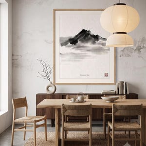 Minimalist Sumi-e mountain print featuring layered Japanese ink peaks fading into mist on a warm white background