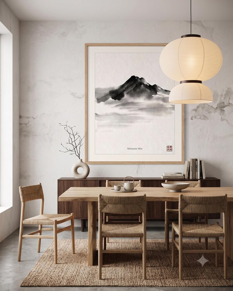 Minimalist Sumi-e mountain print featuring layered Japanese ink peaks fading into mist on a warm white background