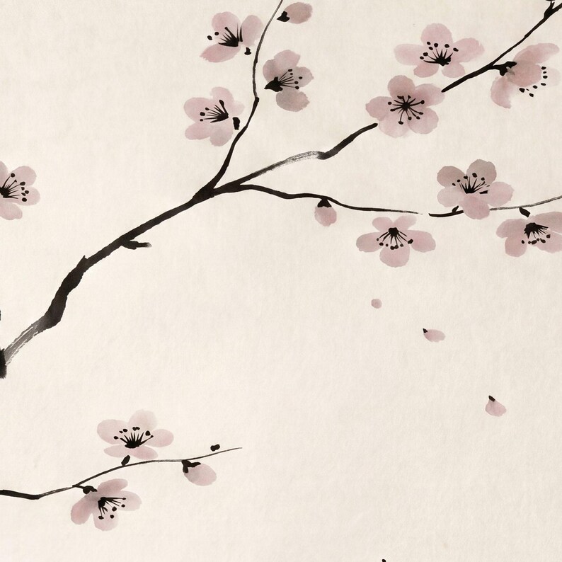 Close-up of the Cherry Branch print showing fine-art paper texture and ink detail.