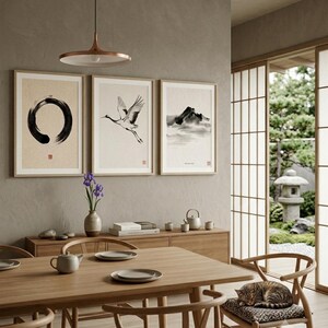 Japanese Sumi-e print set featuring Enso, Crane, and Mountain ink paintings arranged as a minimalist Zen triptych.