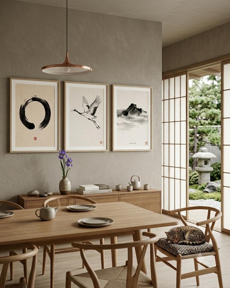 Japanese Sumi-e print set featuring Enso, Crane, and Mountain ink paintings arranged as a minimalist Zen triptych.