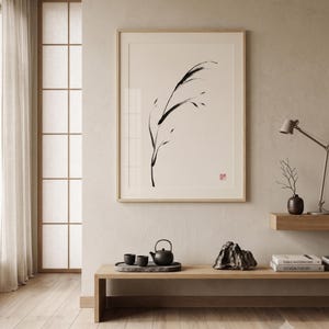 Minimalist Sumi-e Bent Reed print featuring Japanese ink brushwork of a graceful reed bending softly on warm white paper.