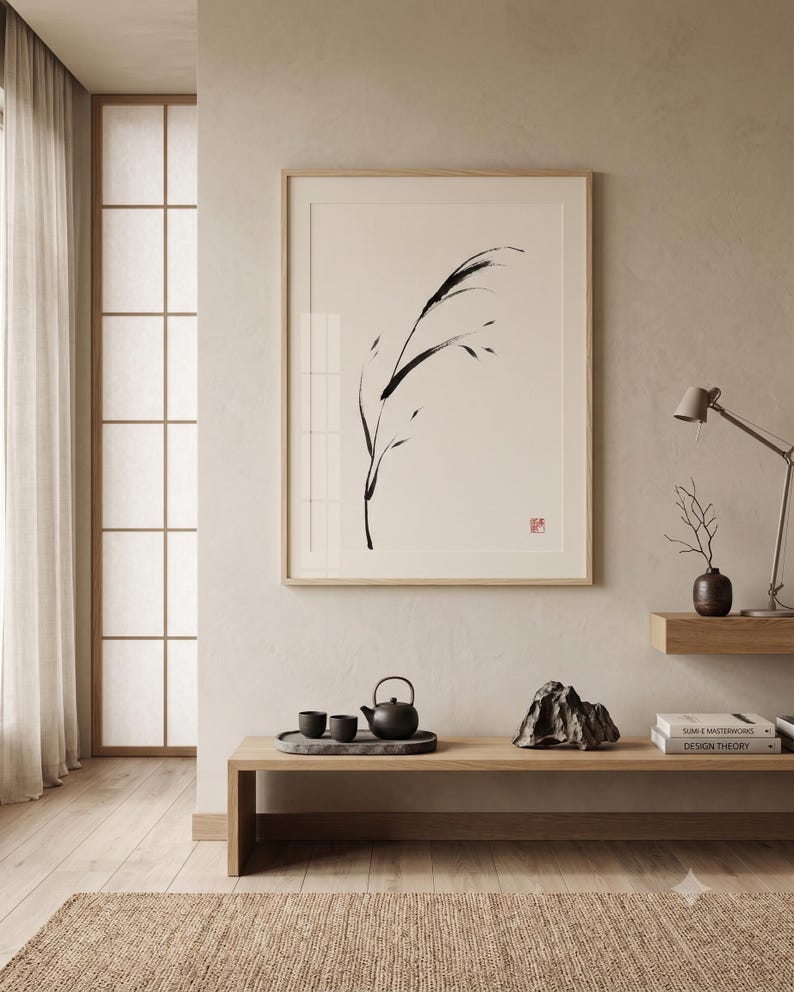 Minimalist Sumi-e Bent Reed print featuring Japanese ink brushwork of a graceful reed bending softly on warm white paper.
