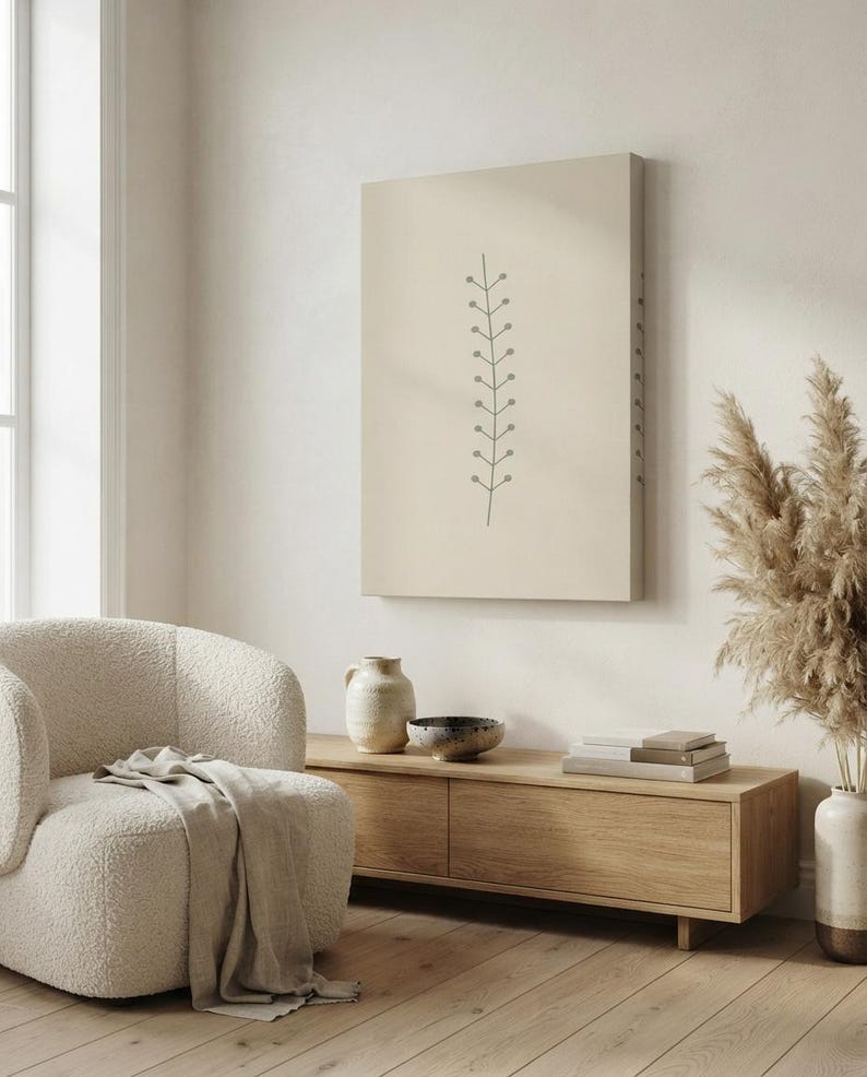 Single Stem — Botanical Line Japandi Canvas Print, Minimalist Neutral | Calm & Oak imagen 2
