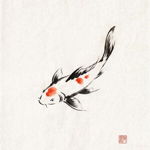 Koi ink koi fish with vermillion accent print styled in a calm Japandi room — warm off-white. Calm & Oak.