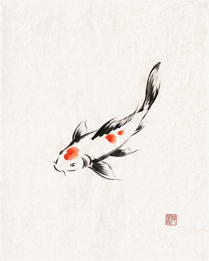 Koi ink koi fish with vermillion accent print styled in a calm Japandi room — warm off-white. Calm & Oak.
