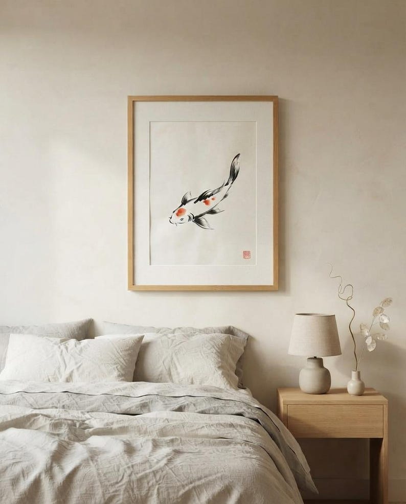 Koi ink koi fish with vermillion accent print styled in a calm Japandi room — warm off-white. Calm & Oak.