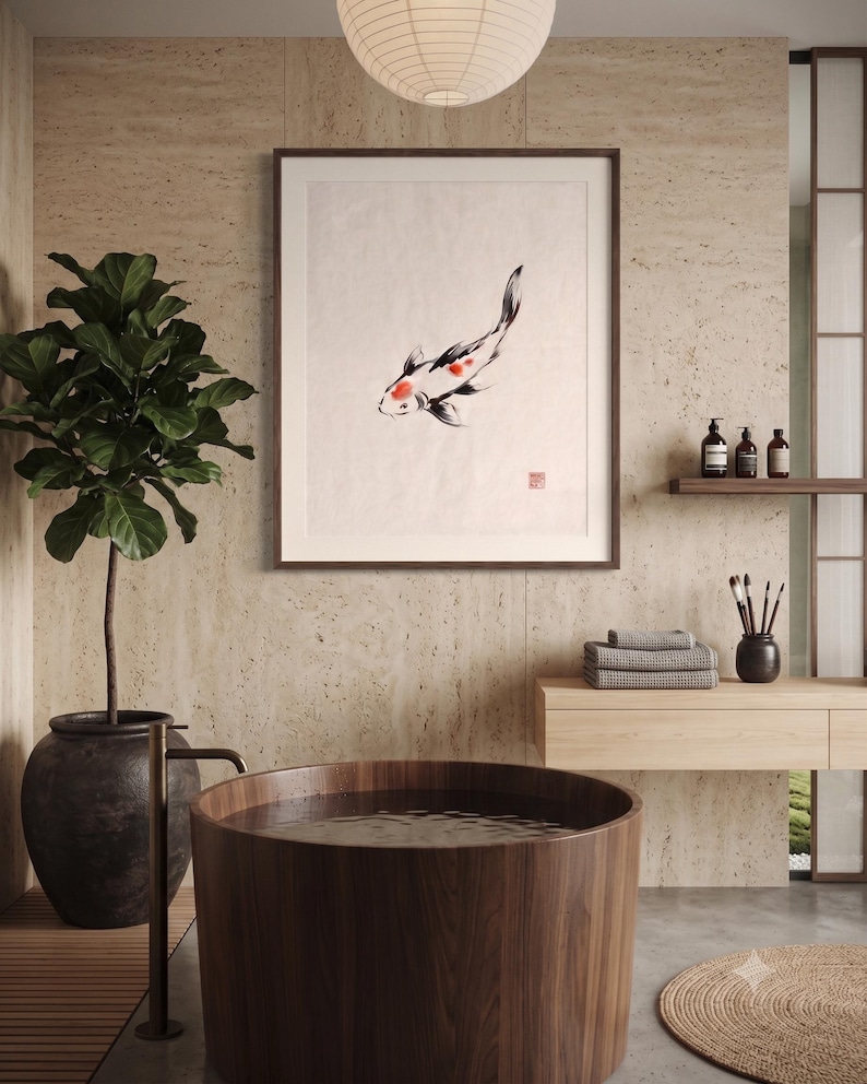 Koi ink koi fish with vermillion accent print styled in a calm Japandi room — warm off-white. Calm & Oak.