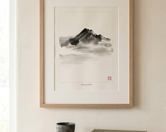 Estampa de montaña Sumi-e, arte mural Japandi, paisaje japonés con tinta, decoración para encima de la cama (DESCARGA DIGITAL)