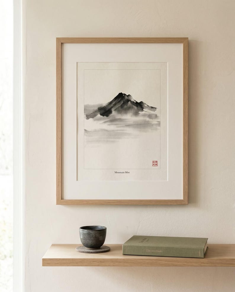 Mountain Mist misty sumi-e peaks print styled in a calm Japandi room — soft grey. Calm & Oak.