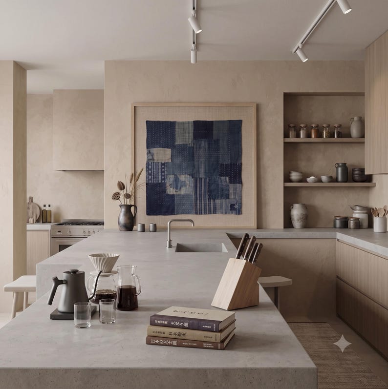Japanese Boro Indigo wall art featuring layered textile-inspired patterns in deep blue tones with a wabi-sabi aesthetic.