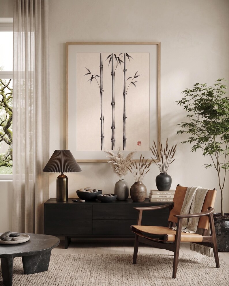 Three Bamboo three ink bamboo stalks print styled in a calm Japandi room — warm off-white. Calm & Oak.