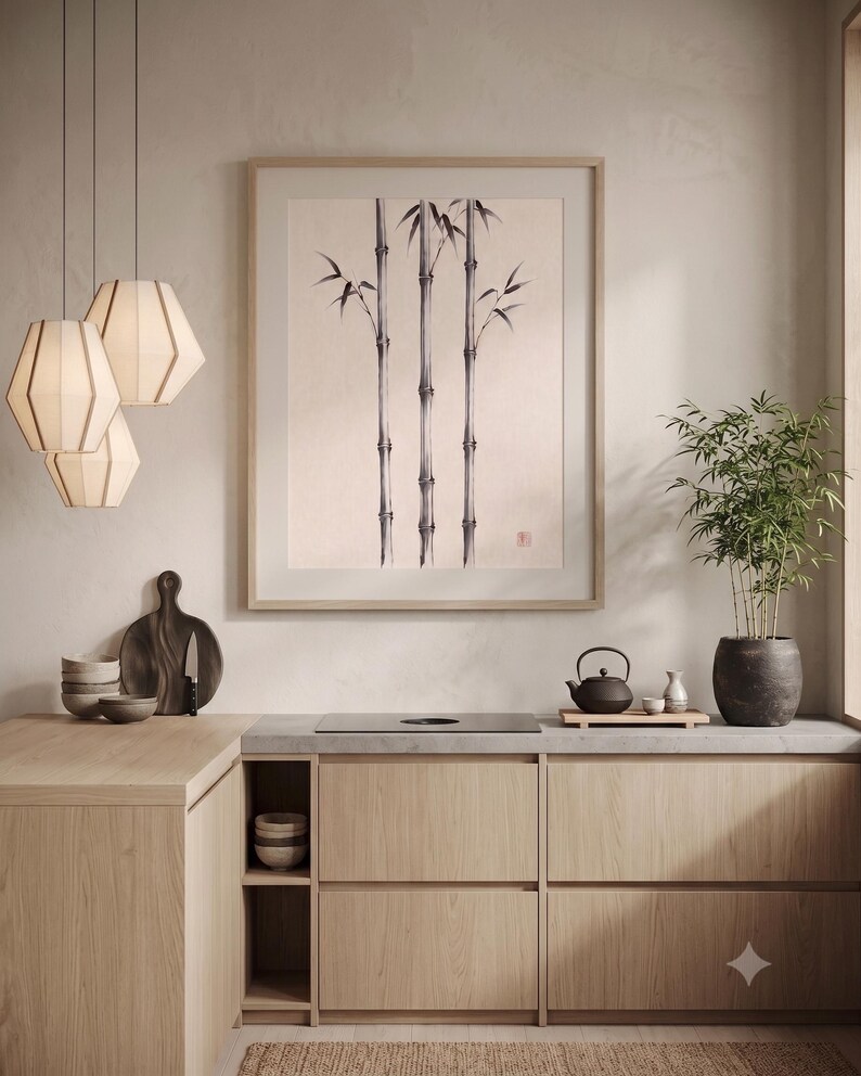 Three Bamboo three ink bamboo stalks print styled in a calm Japandi room — warm off-white. Calm & Oak.