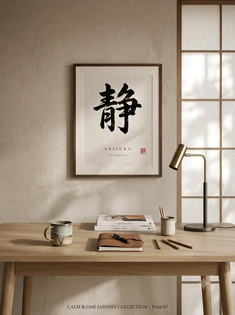 Shizuka stillness kanji calligraphy print styled in a calm Japandi room — warm off-white. Calm & Oak.