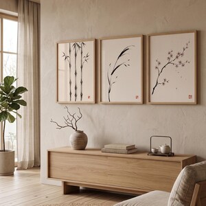 Japanese Sumi-e botanical print set featuring Bamboo, Cherry Blossom, and Bent Reed arranged as a minimalist Zen triptych.