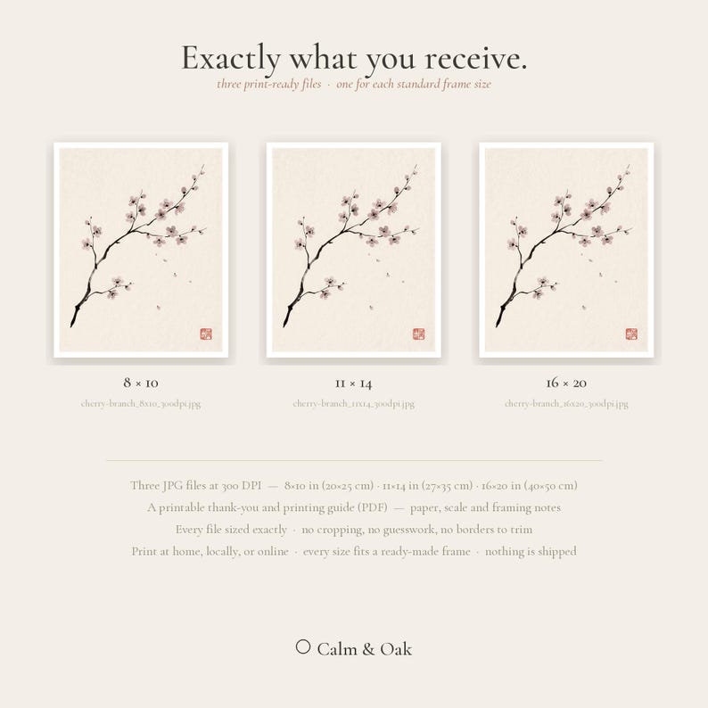 Cherry Branch sakura branch in ink print styled in a calm Japandi room — soft pink and cream. Calm & Oak.
