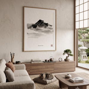 Minimalist Sumi-e mountain print featuring layered Japanese ink peaks fading into mist on a warm white background