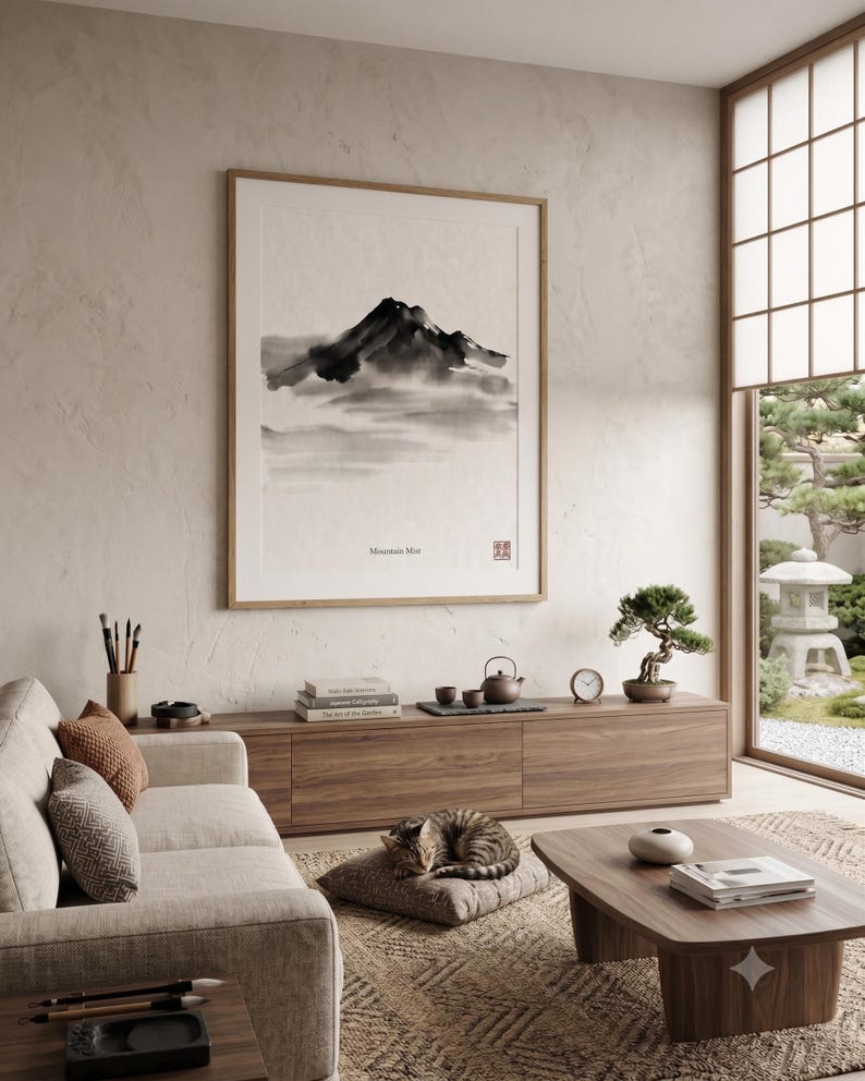 Minimalist Sumi-e mountain print featuring layered Japanese ink peaks fading into mist on a warm white background