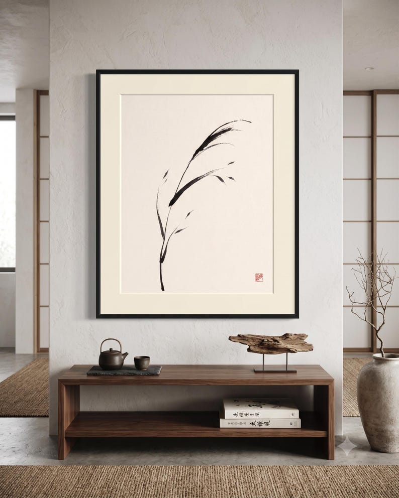 Minimalist Sumi-e Bent Reed print featuring Japanese ink brushwork of a graceful reed bending softly on warm white paper.