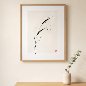 Bent Reed single bowed ink brushstroke print styled in a calm Japandi room — warm off-white. Calm & Oak.