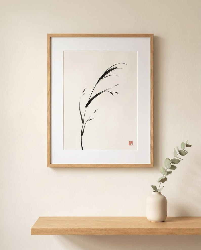 Bent Reed single bowed ink brushstroke print styled in a calm Japandi room — warm off-white. Calm & Oak.