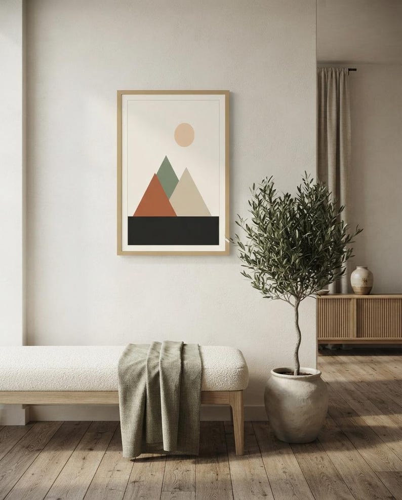 Japandi Mountain Print, Minimalist Layered Peaks Wall Art, Neutral Landscape Decor, Above Bed | Calm & Oak image 7