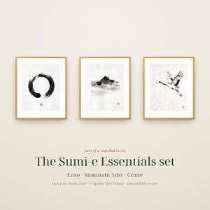 Minimalist Sumi-e mountain print featuring layered Japanese ink peaks fading into mist on a warm white background